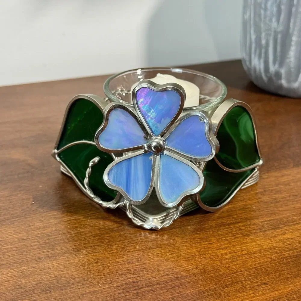 Stained Glass Tealight Votive Handle Holder Blue Green